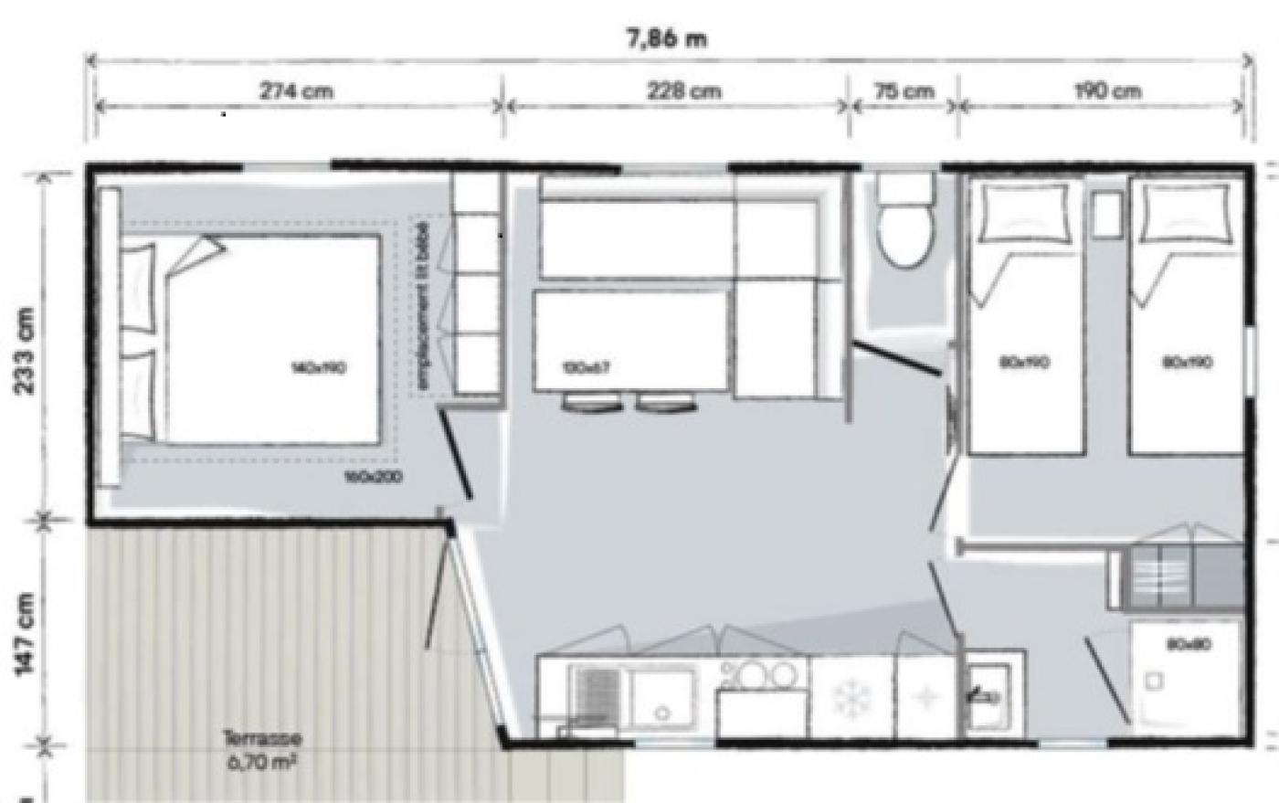 plan Mobilhome 2 chambres Classique au camping Ushua�a Villages l'Estuair